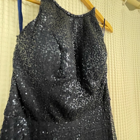 Blue Sequin Floor Length Gown With Thigh Slit - Picture 3 of 7